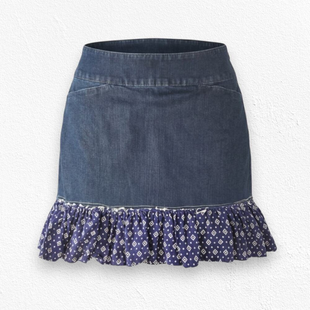 Upcycled Denim Dark Wash Low Rise Bandana Print Western Frill Mini Skirt Size 8
